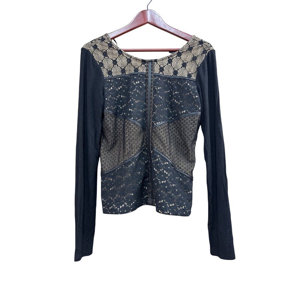 BKE Boutique Womens Black & Tan Lace Long Sleeve Top Size S